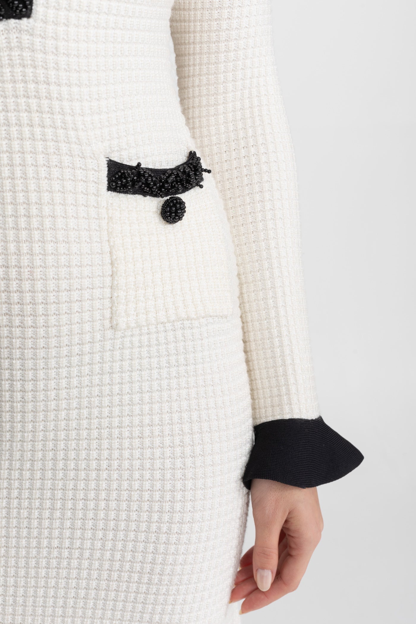 Textured Midi Dress with Contrast Embroidered Trim Ivoire