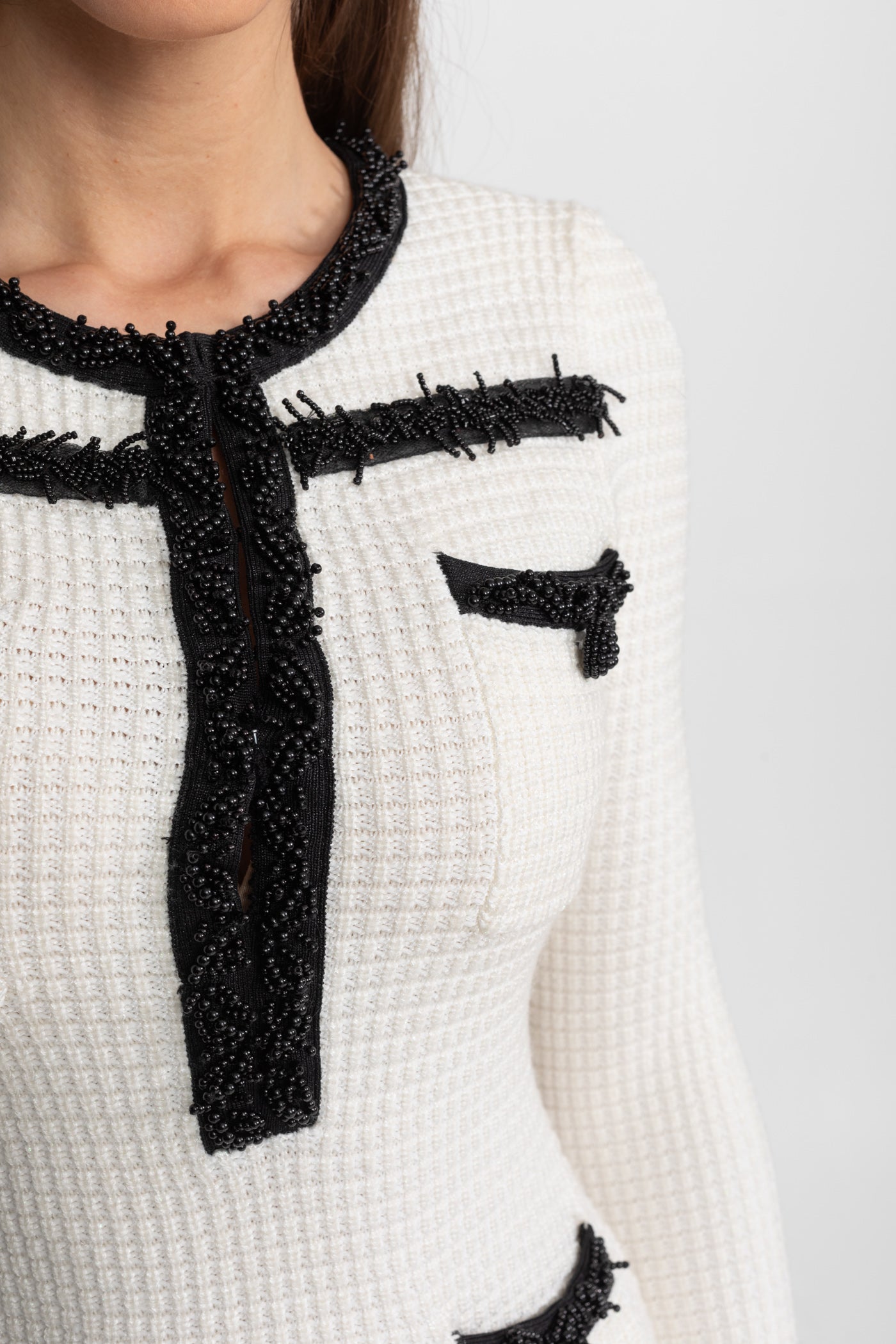 Textured Midi Dress with Contrast Embroidered Trim Ivoire