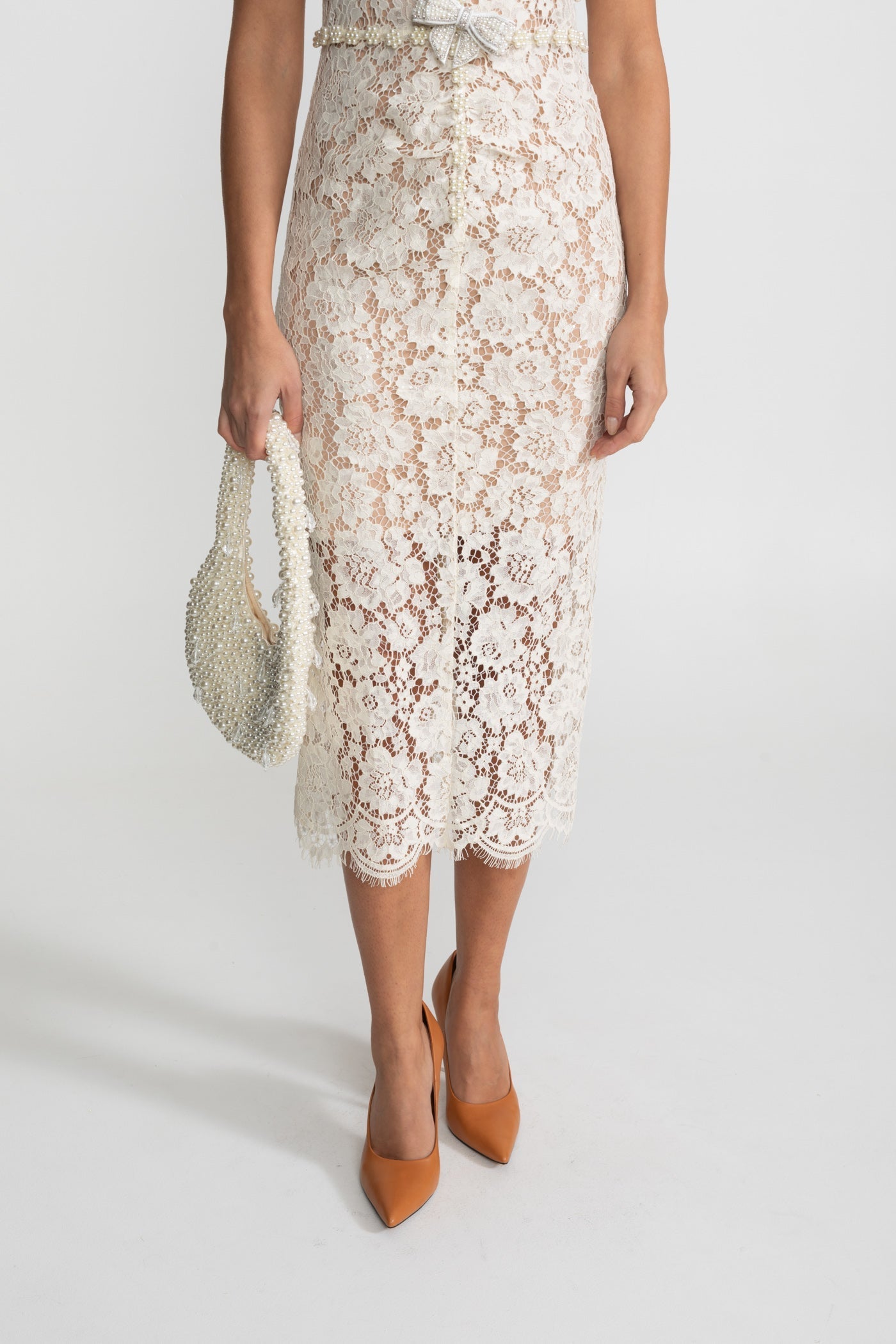 Embellished Lace Midi Dress With Bow Detailing Ivoire