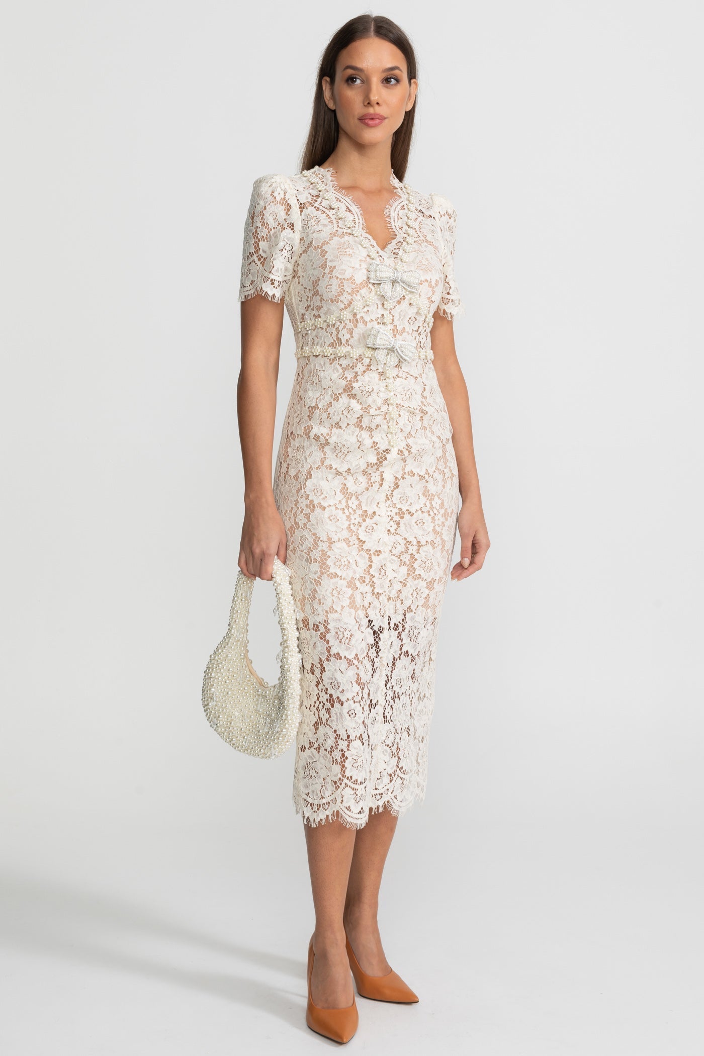 Embellished Lace Midi Dress With Bow Detailing Ivoire