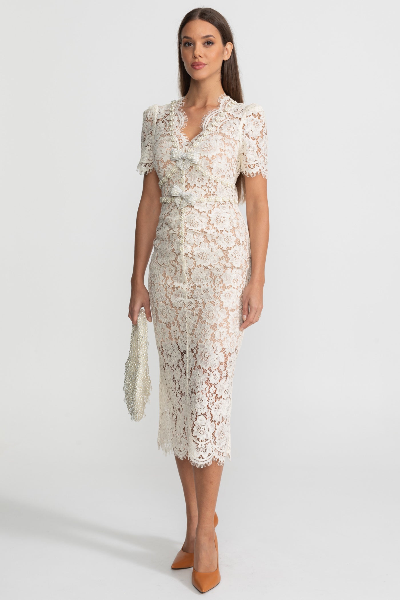 Embellished Lace Midi Dress With Bow Detailing Ivoire