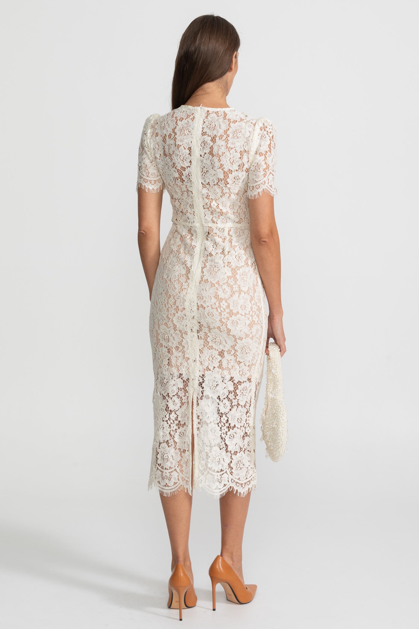Embellished Lace Midi Dress With Bow Detailing Ivoire