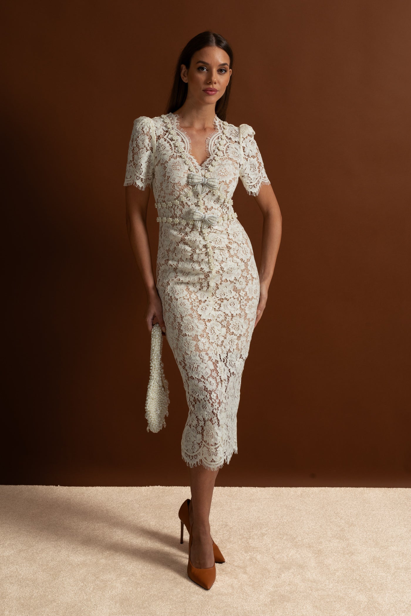 Embellished Lace Midi Dress With Bow Detailing Ivoire