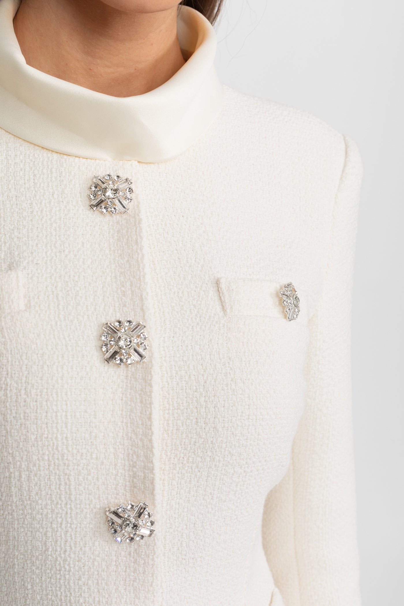 Textured Mini Dress with Crystal Button Embellishments Ivoire