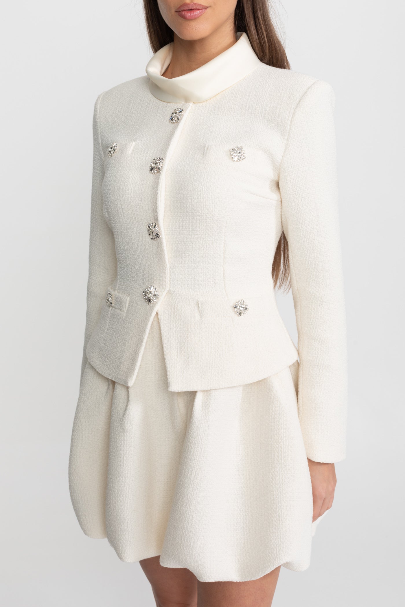 Textured Mini Dress with Crystal Button Embellishments Ivoire