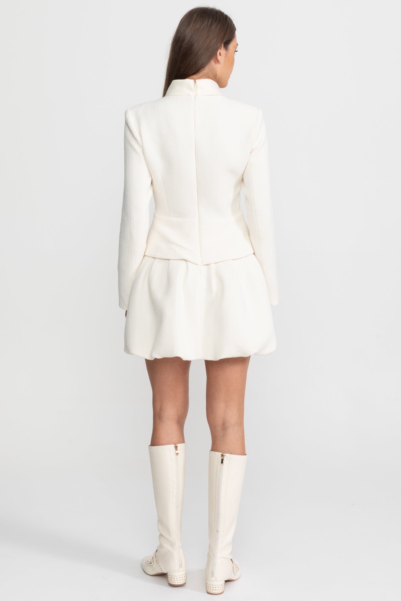 Textured Mini Dress with Crystal Button Embellishments Ivoire