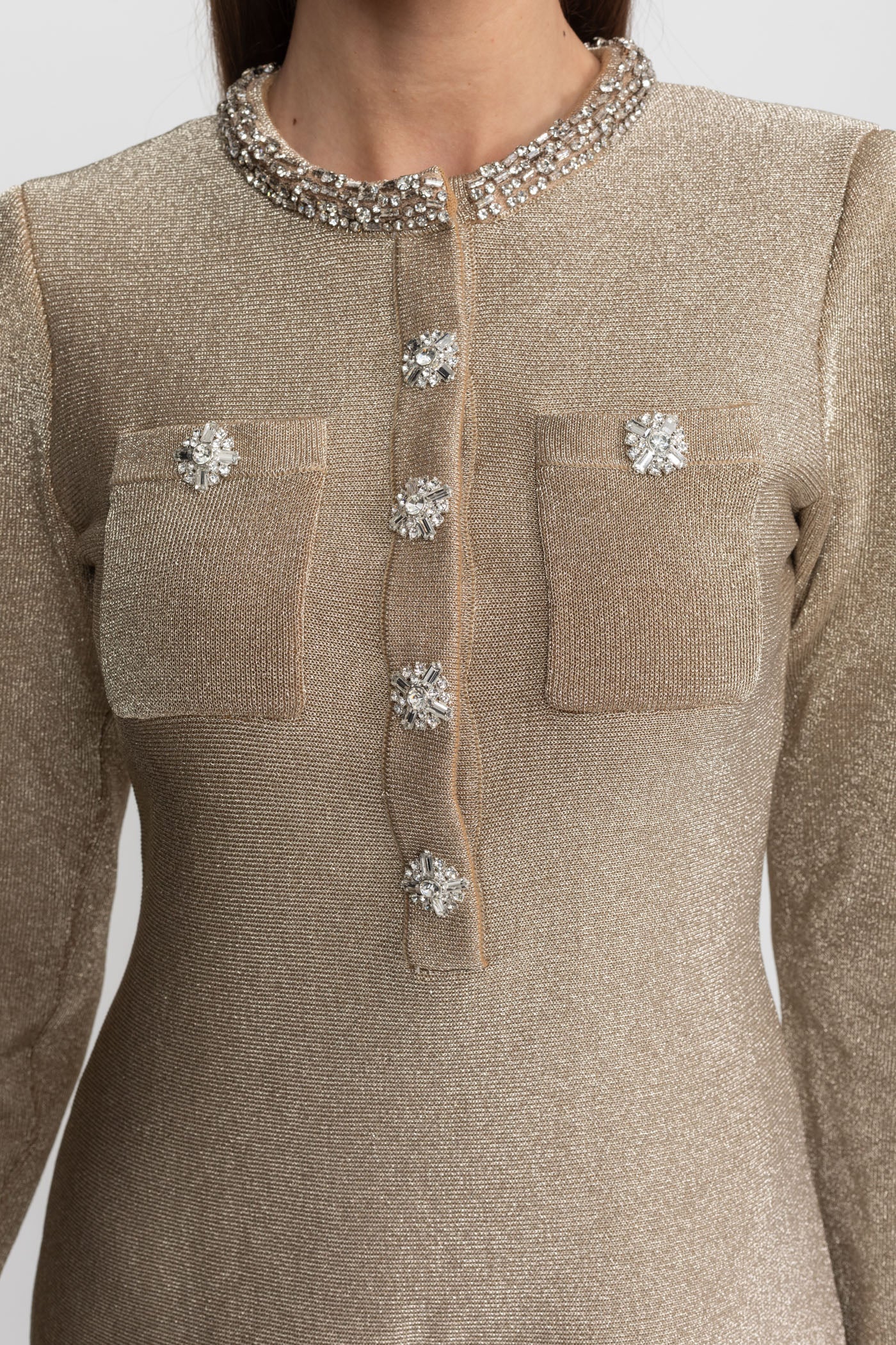 Shimmer Mini Dress with Crystal Button Embellishments Champagne
