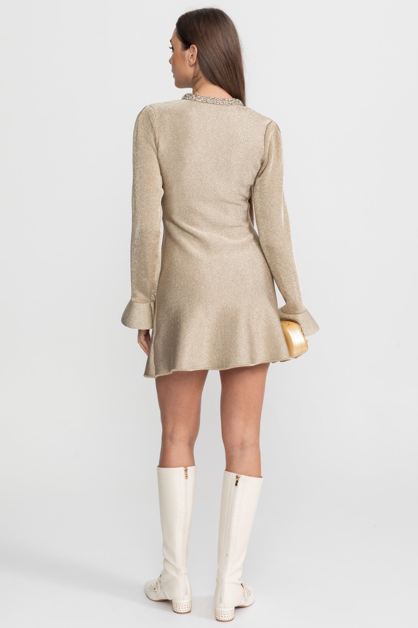 Shimmer Mini Dress with Crystal Button Embellishments Champagne