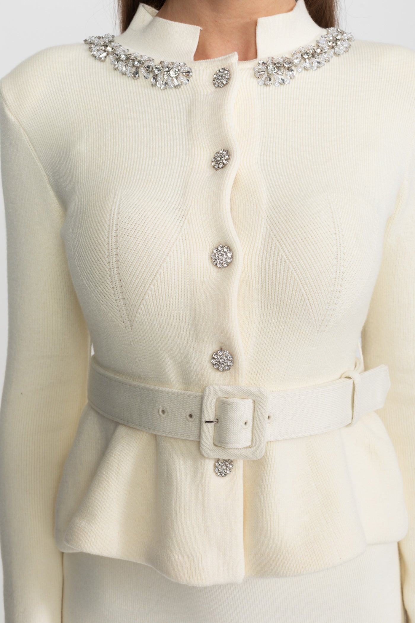 Midi Dress with Peplum Waist and Crystal Collar Ivoire