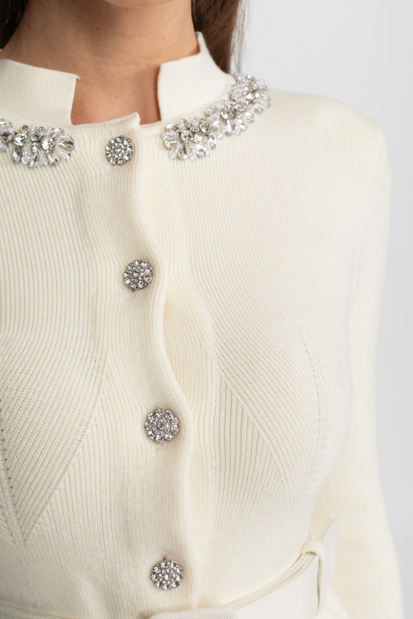 Midi Dress with Peplum Waist and Crystal Collar Ivoire