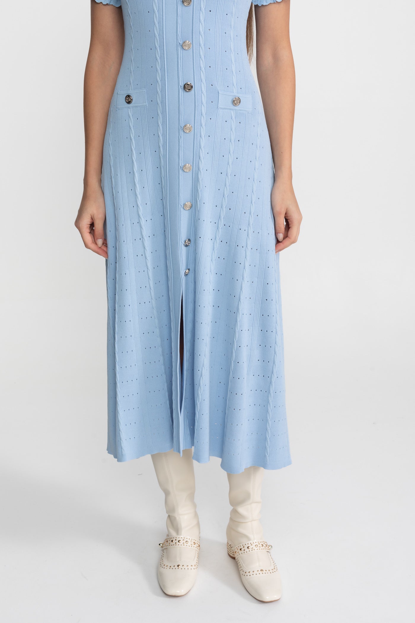 Knit Button-Front Midi Dress with Scalloped Sleeves Baby Blue