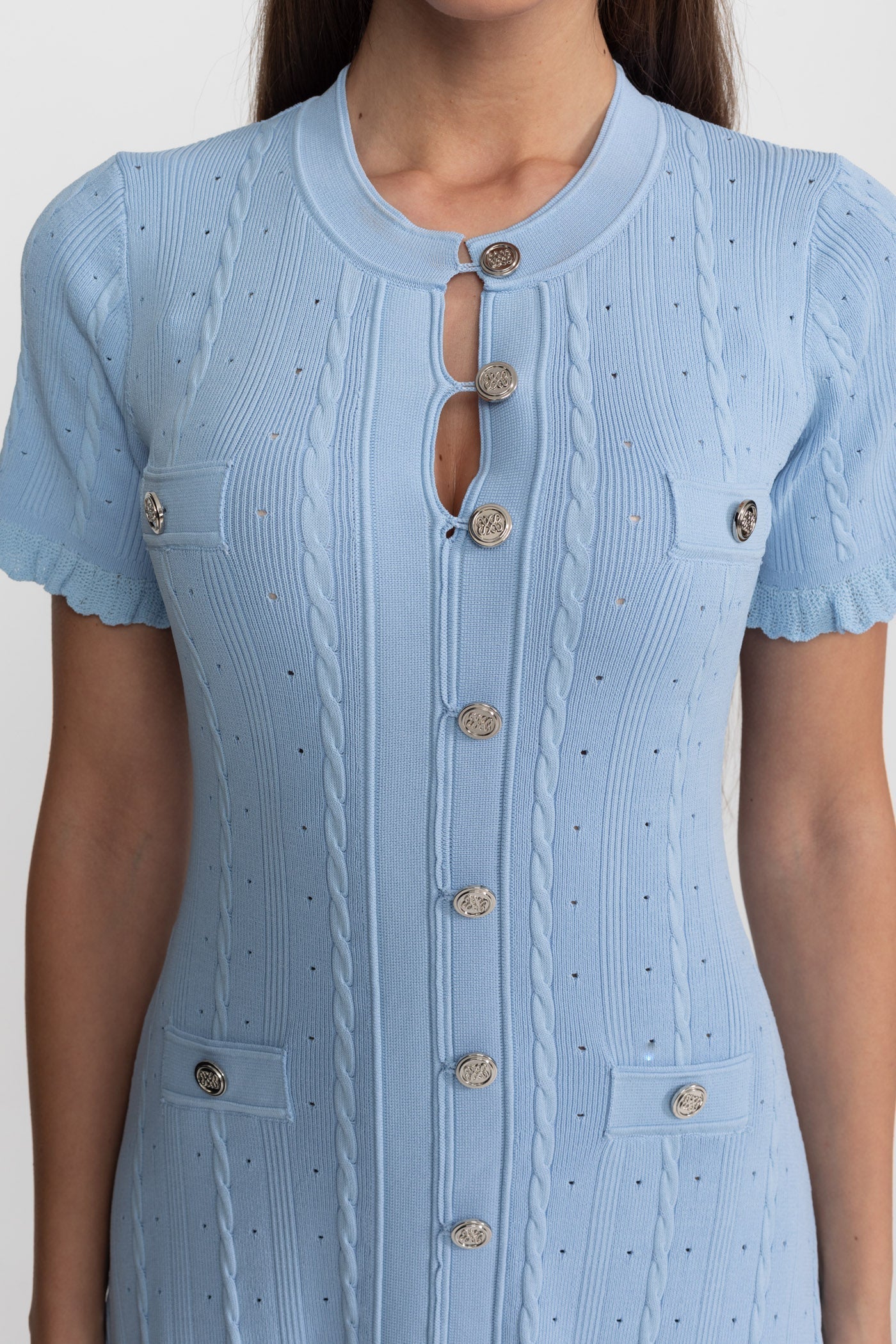 Knit Button-Front Midi Dress with Scalloped Sleeves Baby Blue