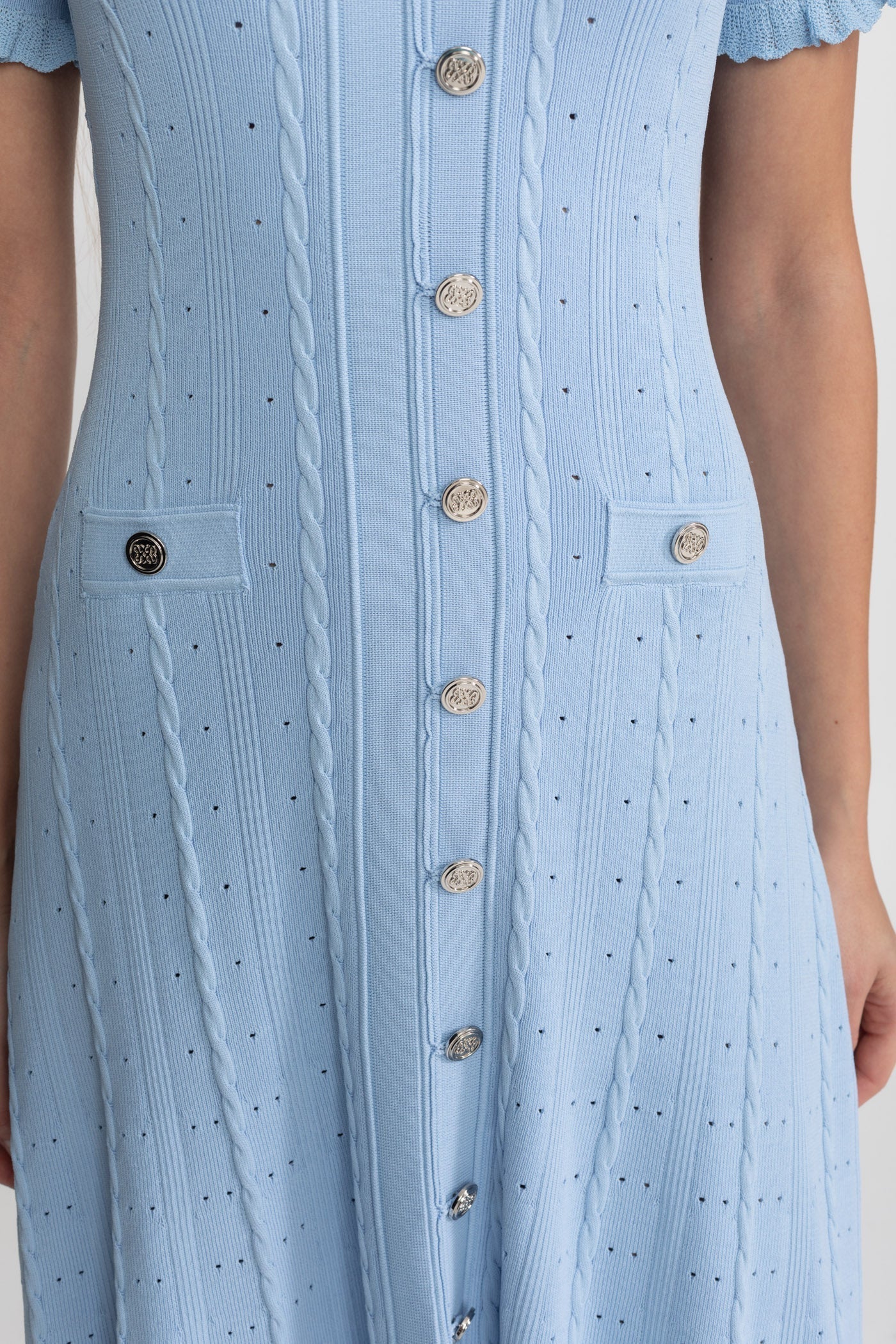 Knit Button-Front Midi Dress with Scalloped Sleeves Baby Blue