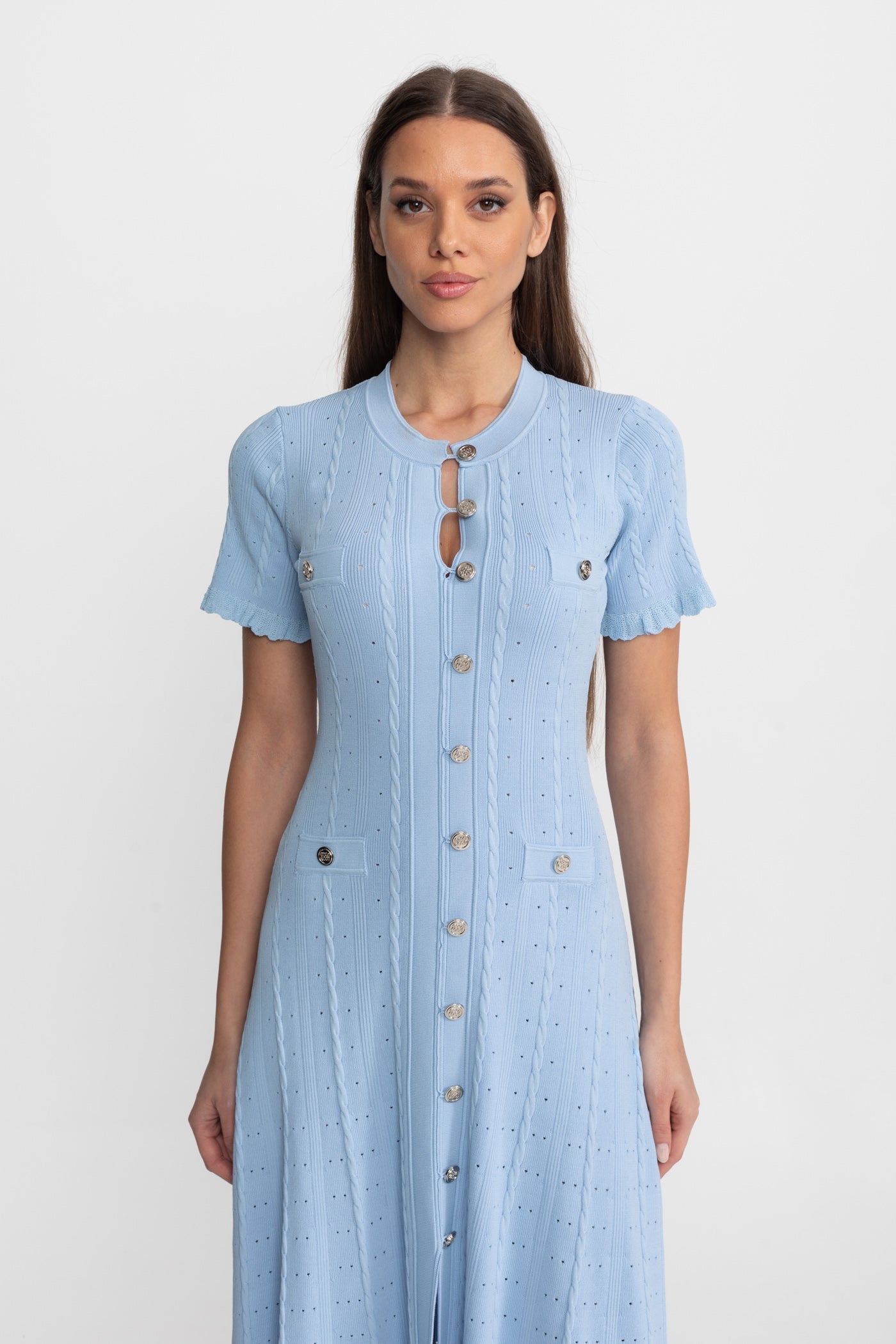 Knit Button-Front Midi Dress with Scalloped Sleeves Baby Blue