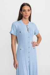Knit Button-Front Midi Dress with Scalloped Sleeves Baby Blue