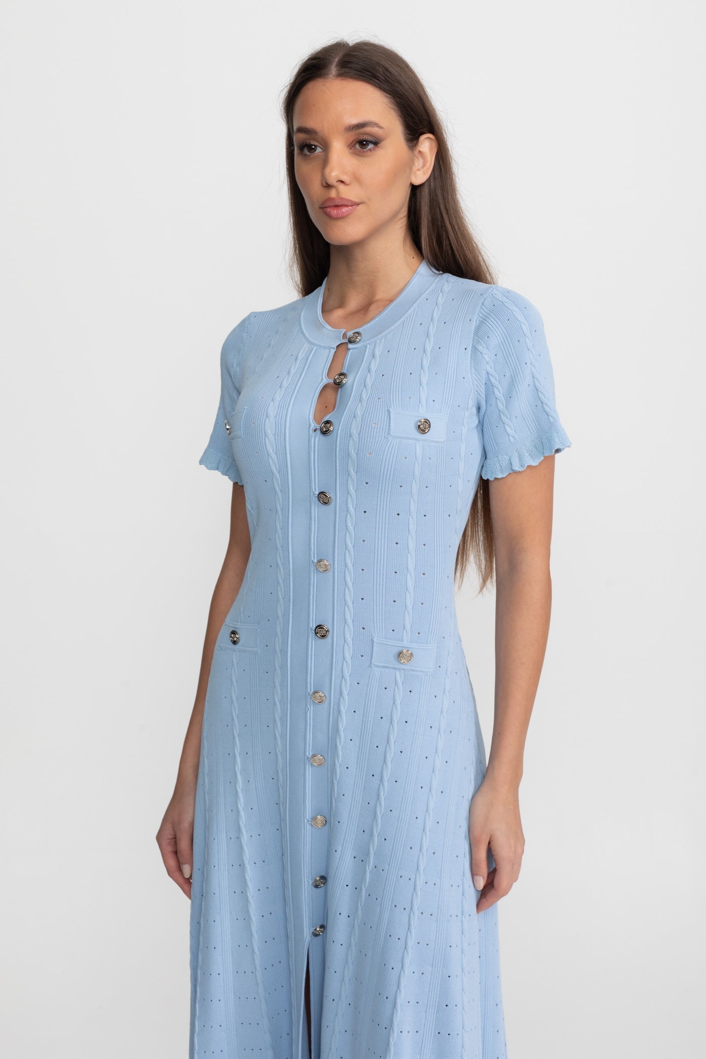 Knit Button-Front Midi Dress with Scalloped Sleeves Baby Blue