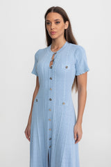 Knit Button-Front Midi Dress with Scalloped Sleeves Baby Blue