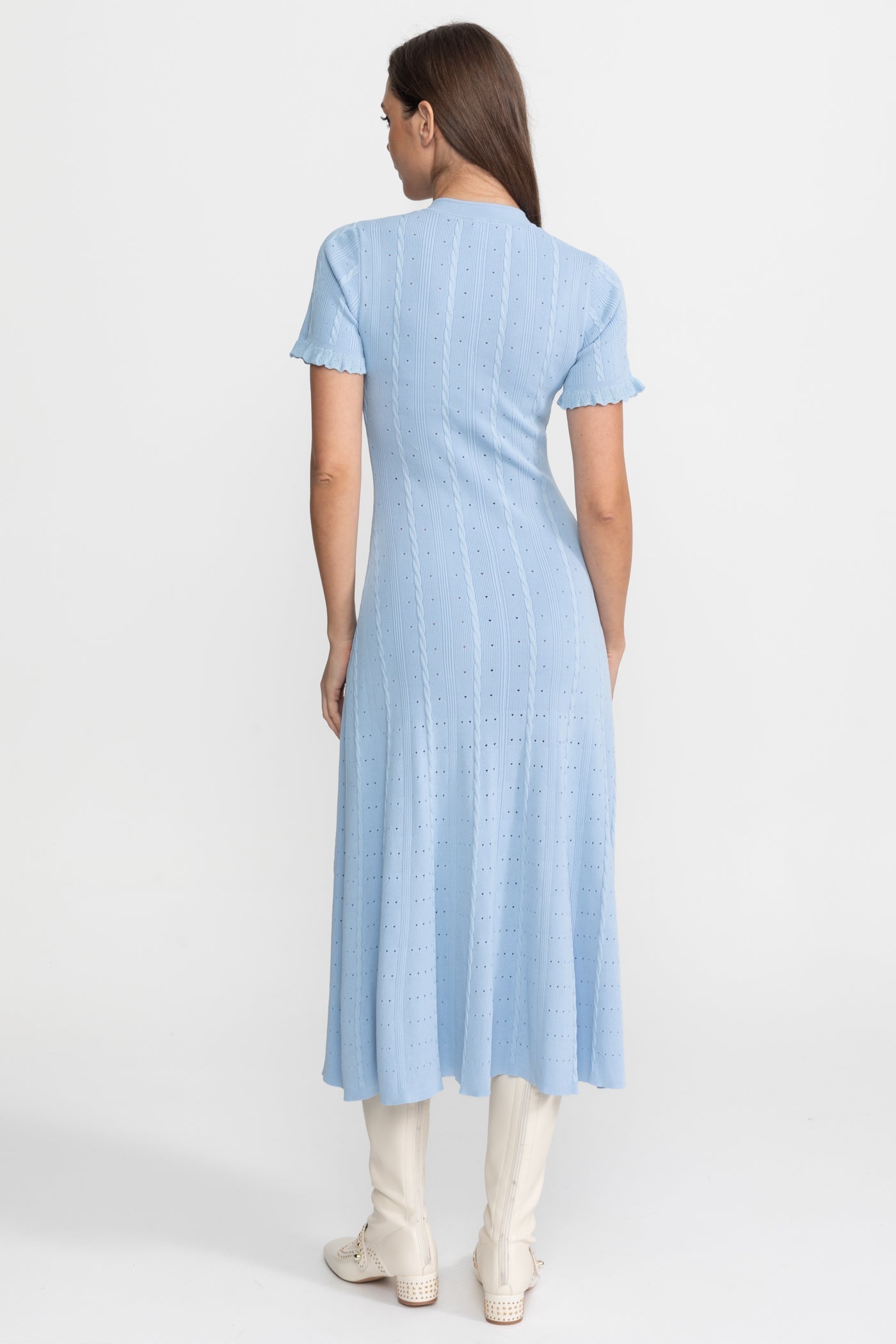 Knit Button-Front Midi Dress with Scalloped Sleeves Baby Blue