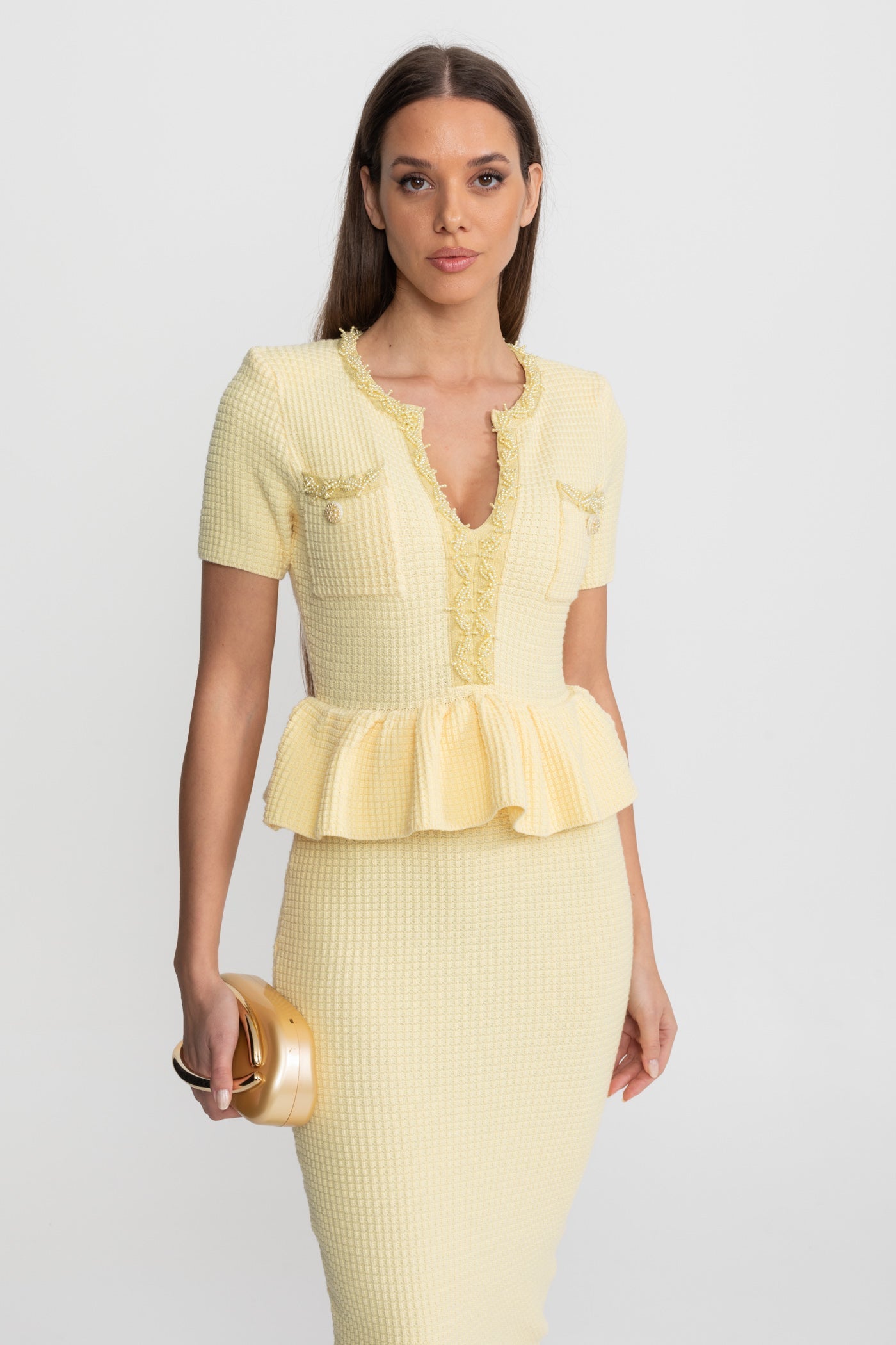 Textured Knit Midi Dress with Peplum Waist Detail Yellow