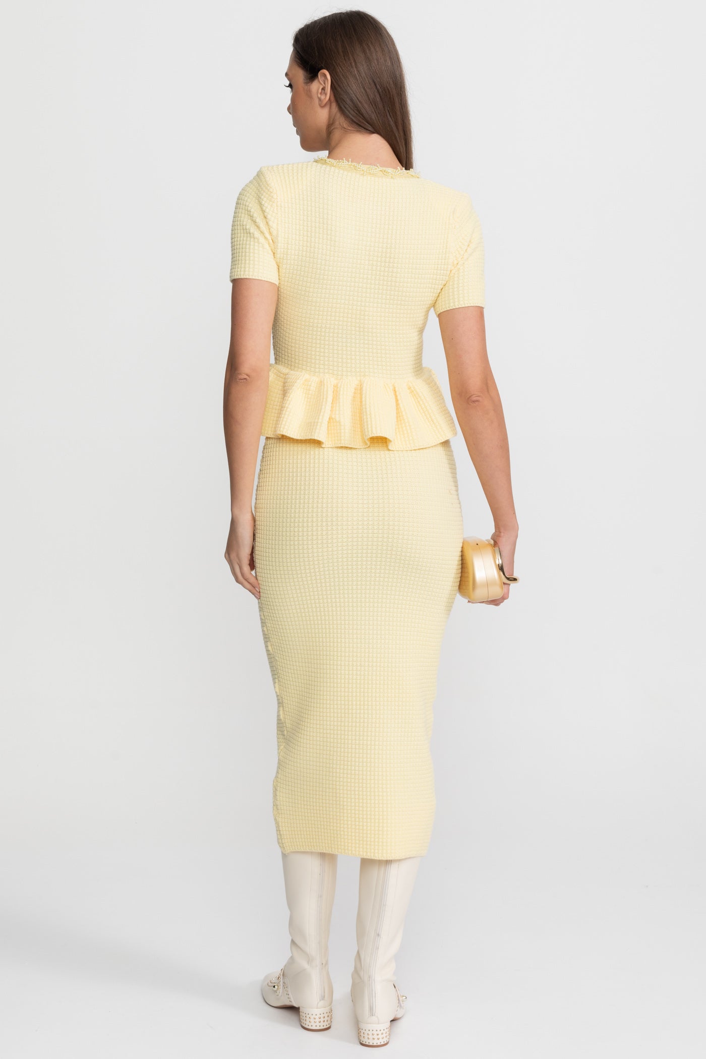 Textured Knit Midi Dress with Peplum Waist Detail Yellow