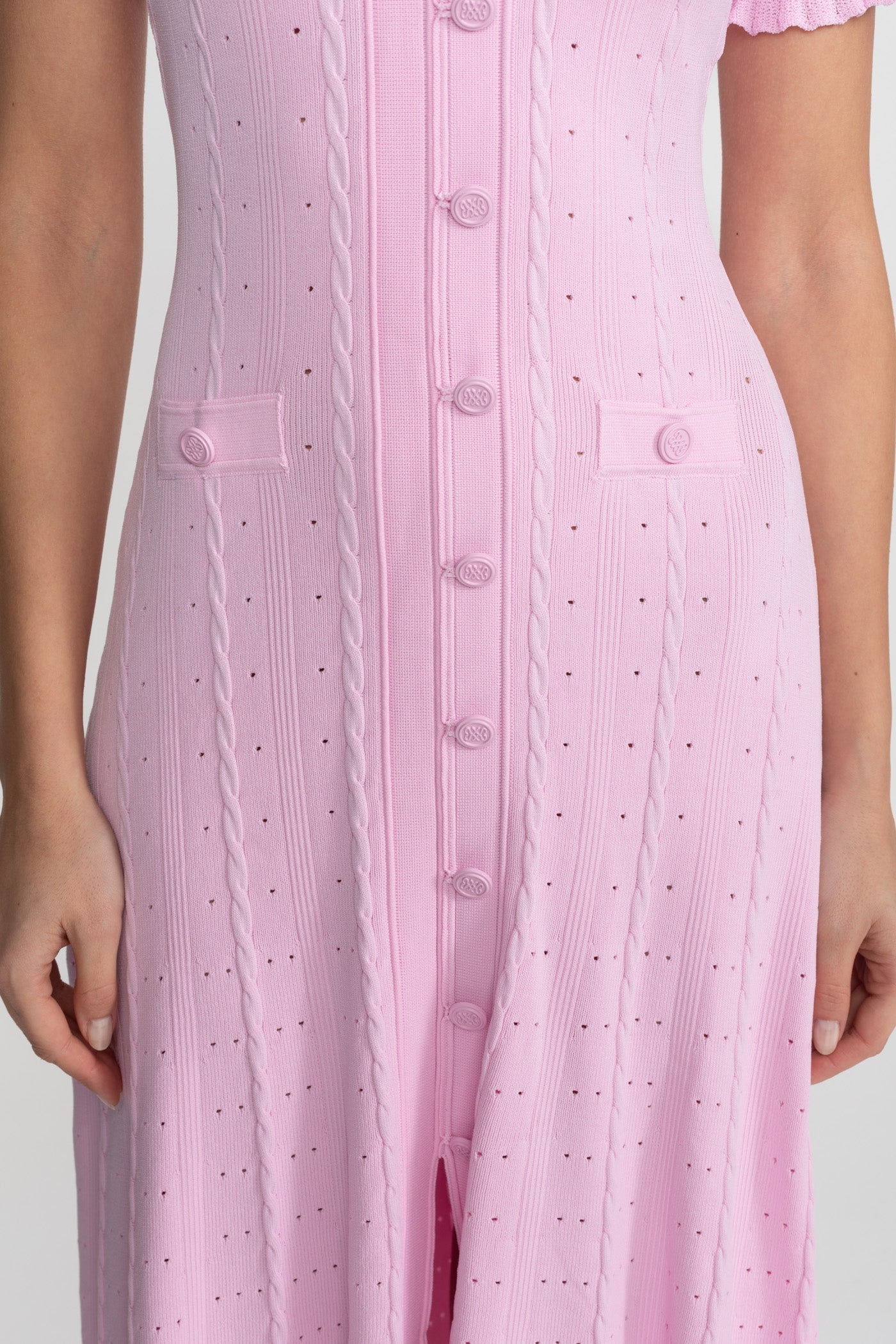 Knit Button-Front Midi Dress with Scalloped Sleeves Pink