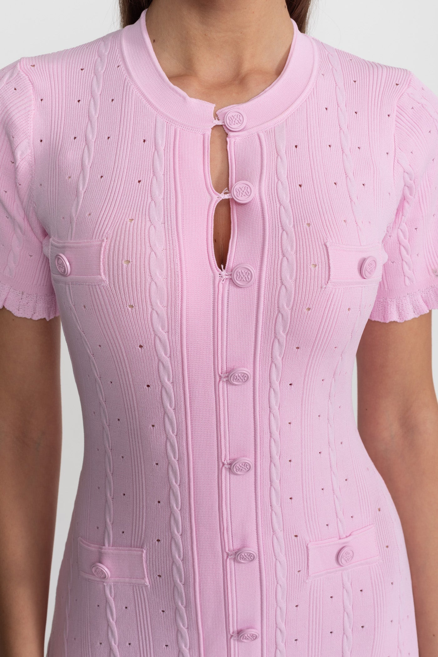 Knit Button-Front Midi Dress with Scalloped Sleeves Pink