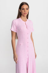 Knit Button-Front Midi Dress with Scalloped Sleeves Pink
