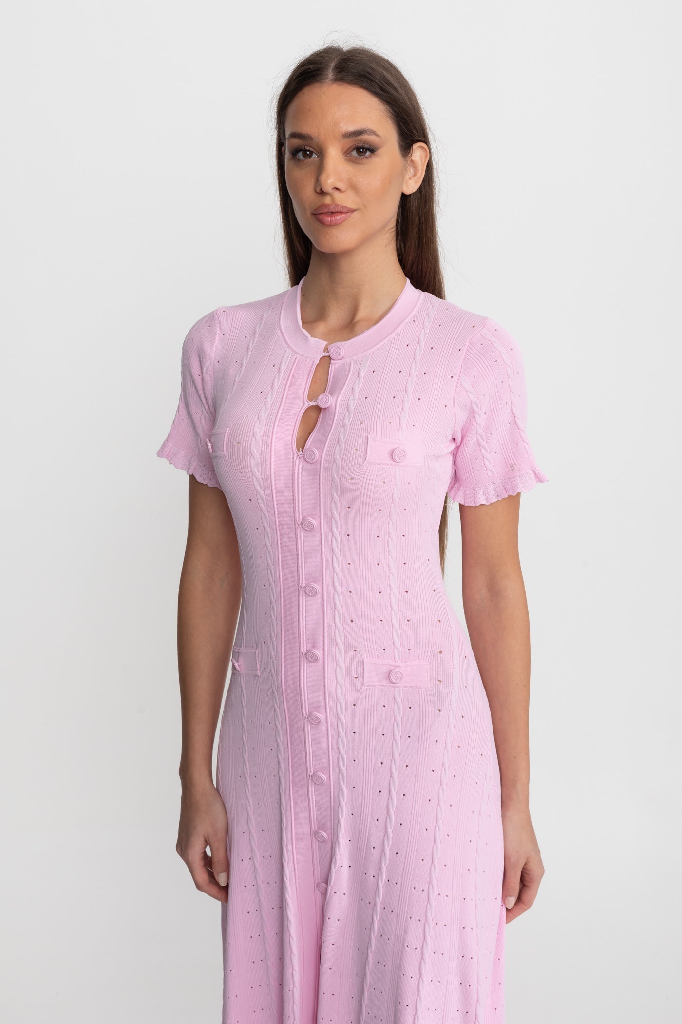 Knit Button-Front Midi Dress with Scalloped Sleeves Pink