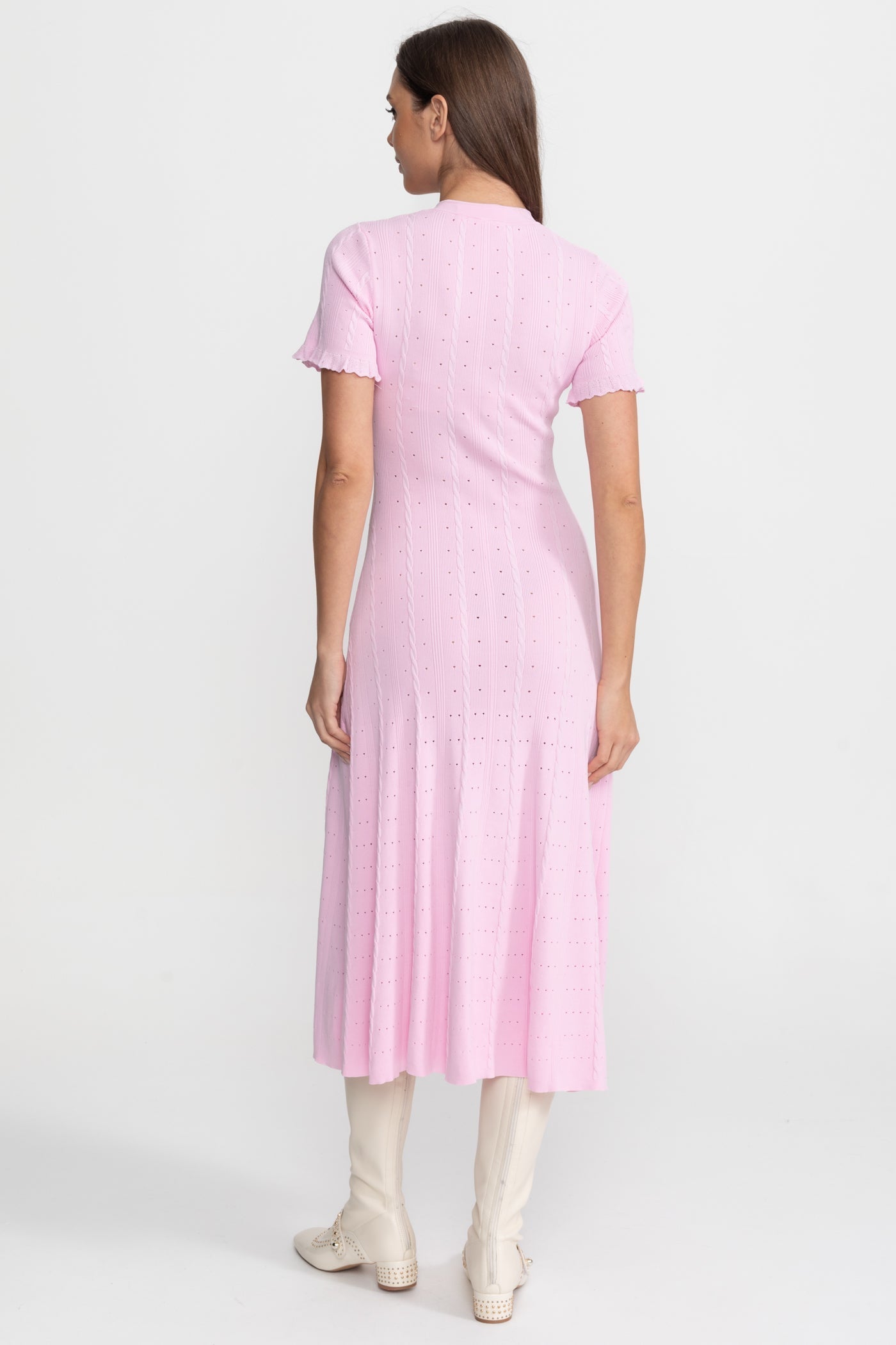 Knit Button-Front Midi Dress with Scalloped Sleeves Pink
