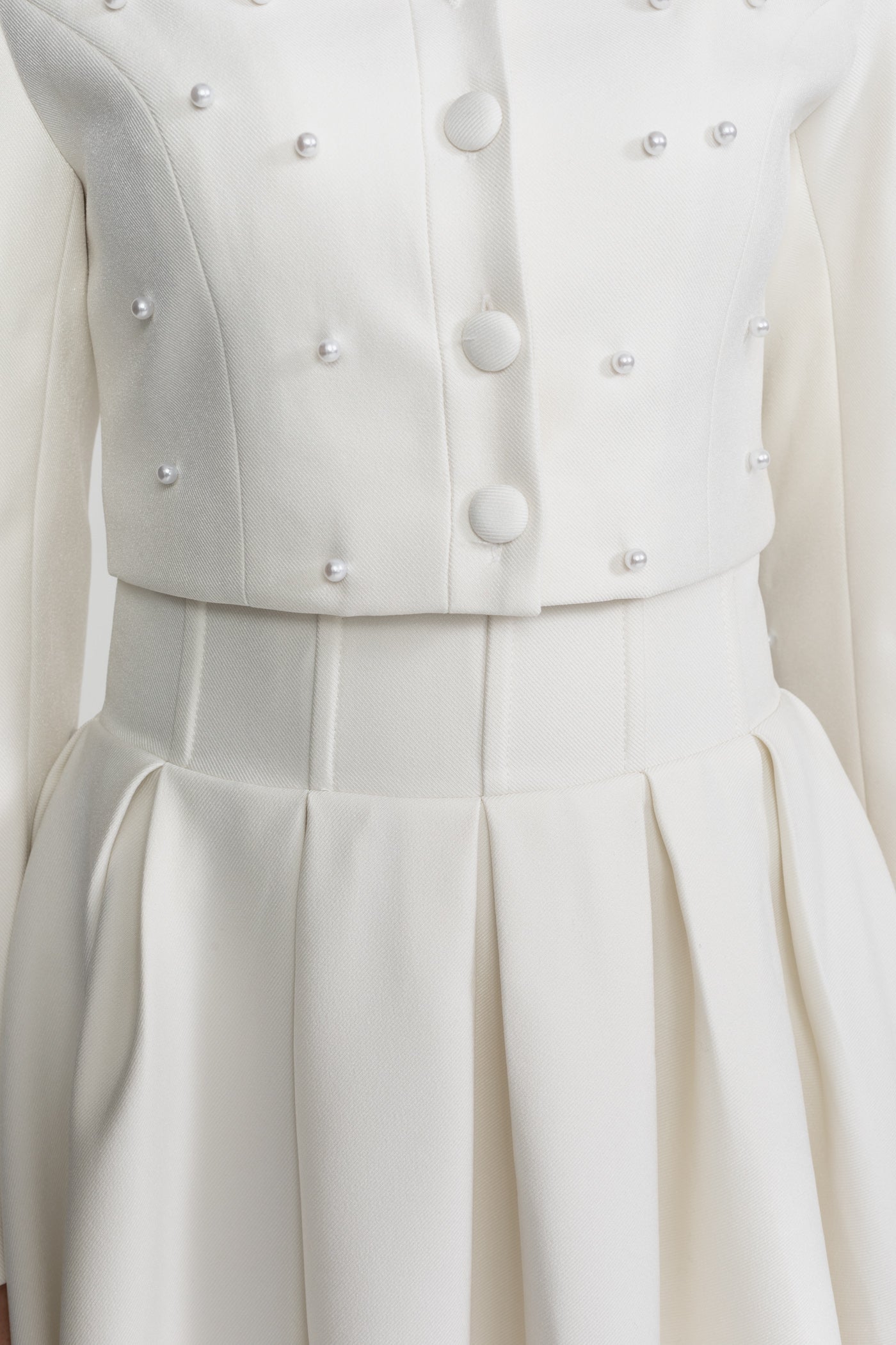 Pearl-Embellished Co-Ord Set with Cropped Jacket and Full Skirt White