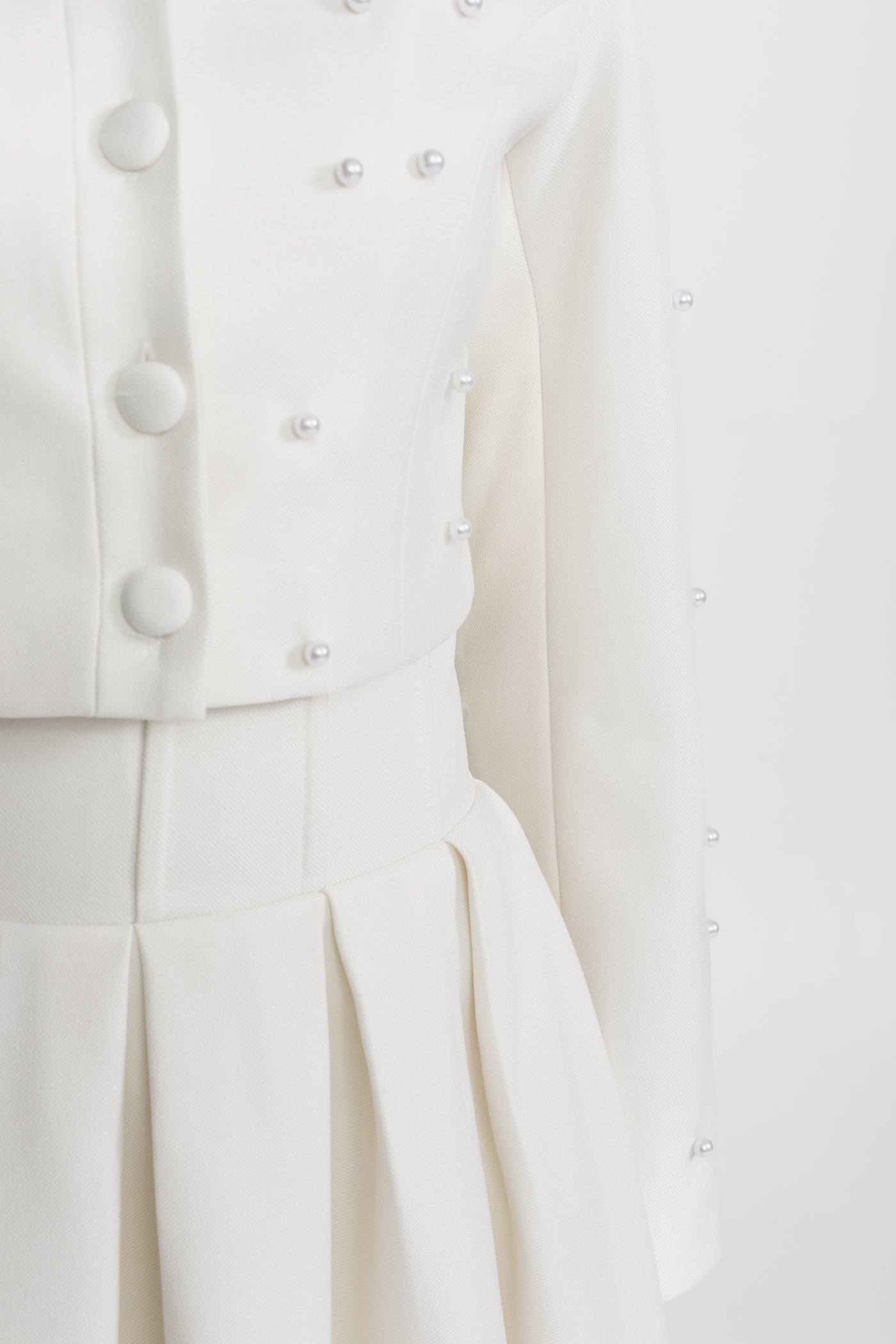 Pearl-Embellished Co-Ord Set with Cropped Jacket and Full Skirt White