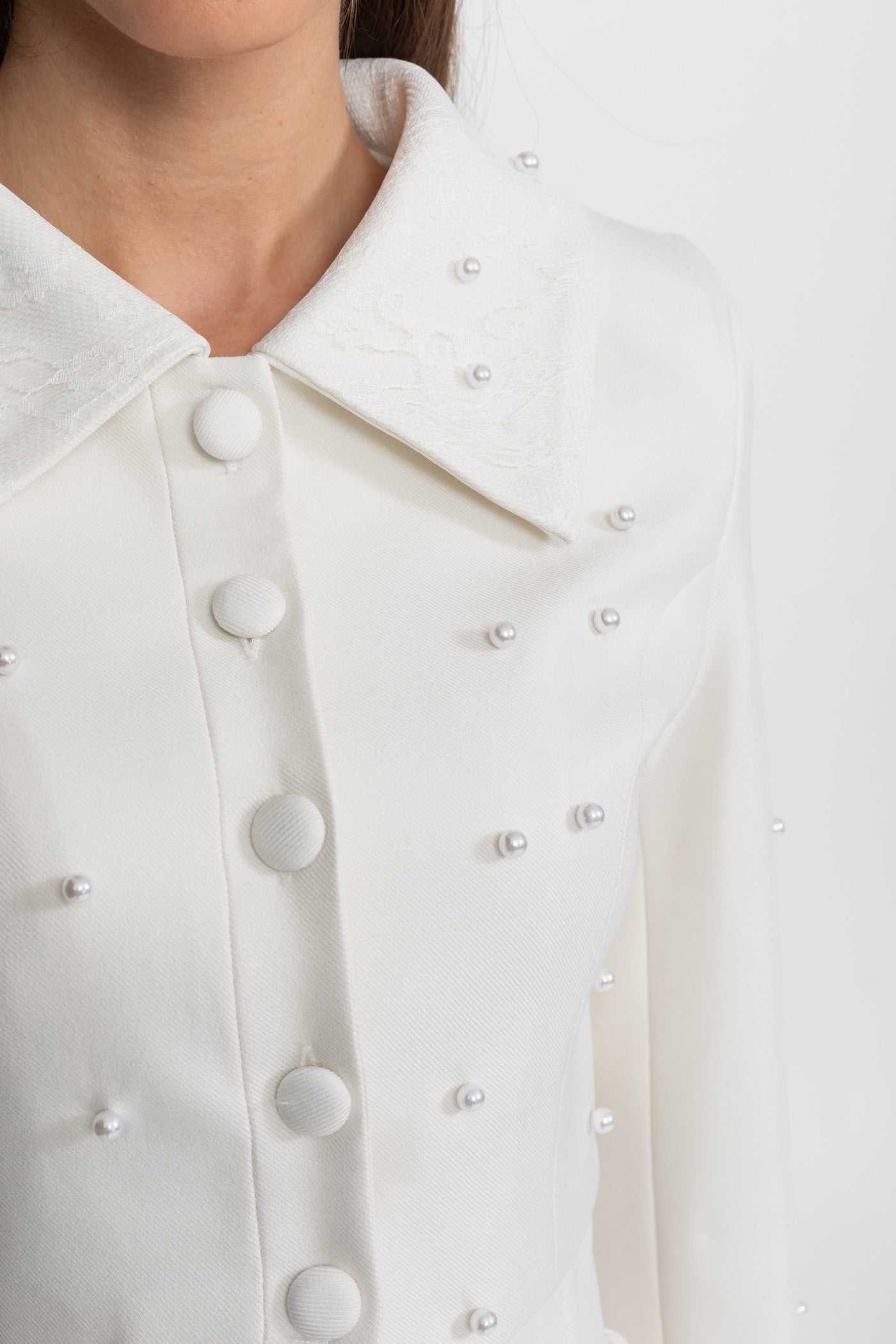 Pearl-Embellished Co-Ord Set with Cropped Jacket and Full Skirt White
