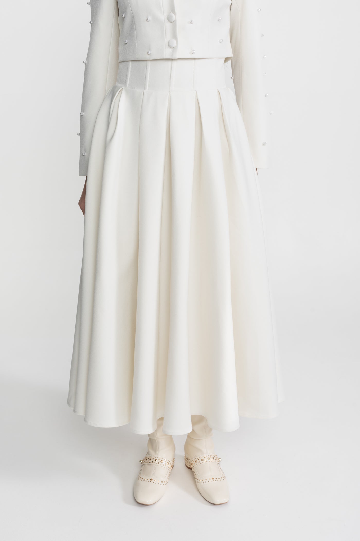Pearl-Embellished Co-Ord Set with Cropped Jacket and Full Skirt White