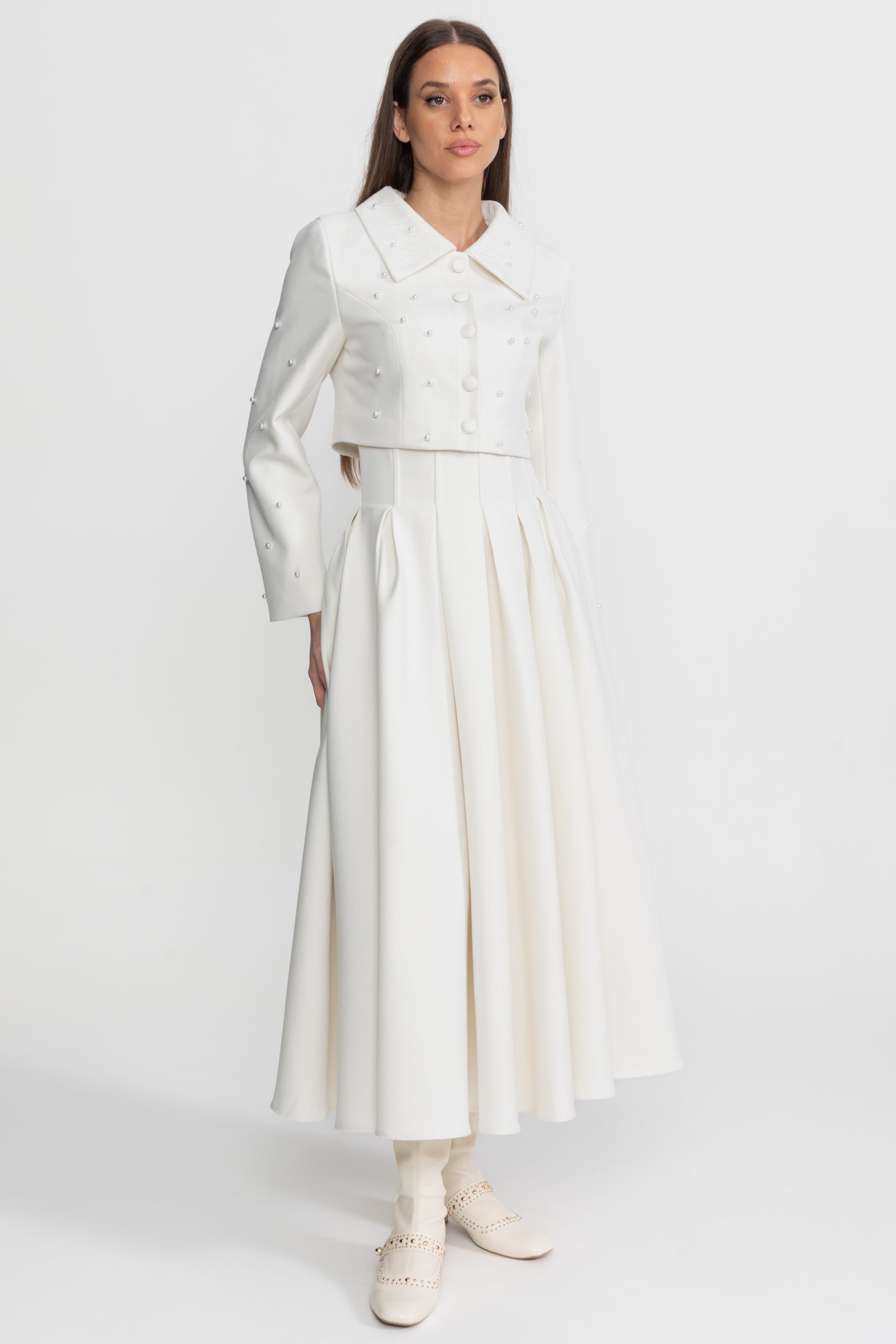 Pearl-Embellished Co-Ord Set with Cropped Jacket and Full Skirt White