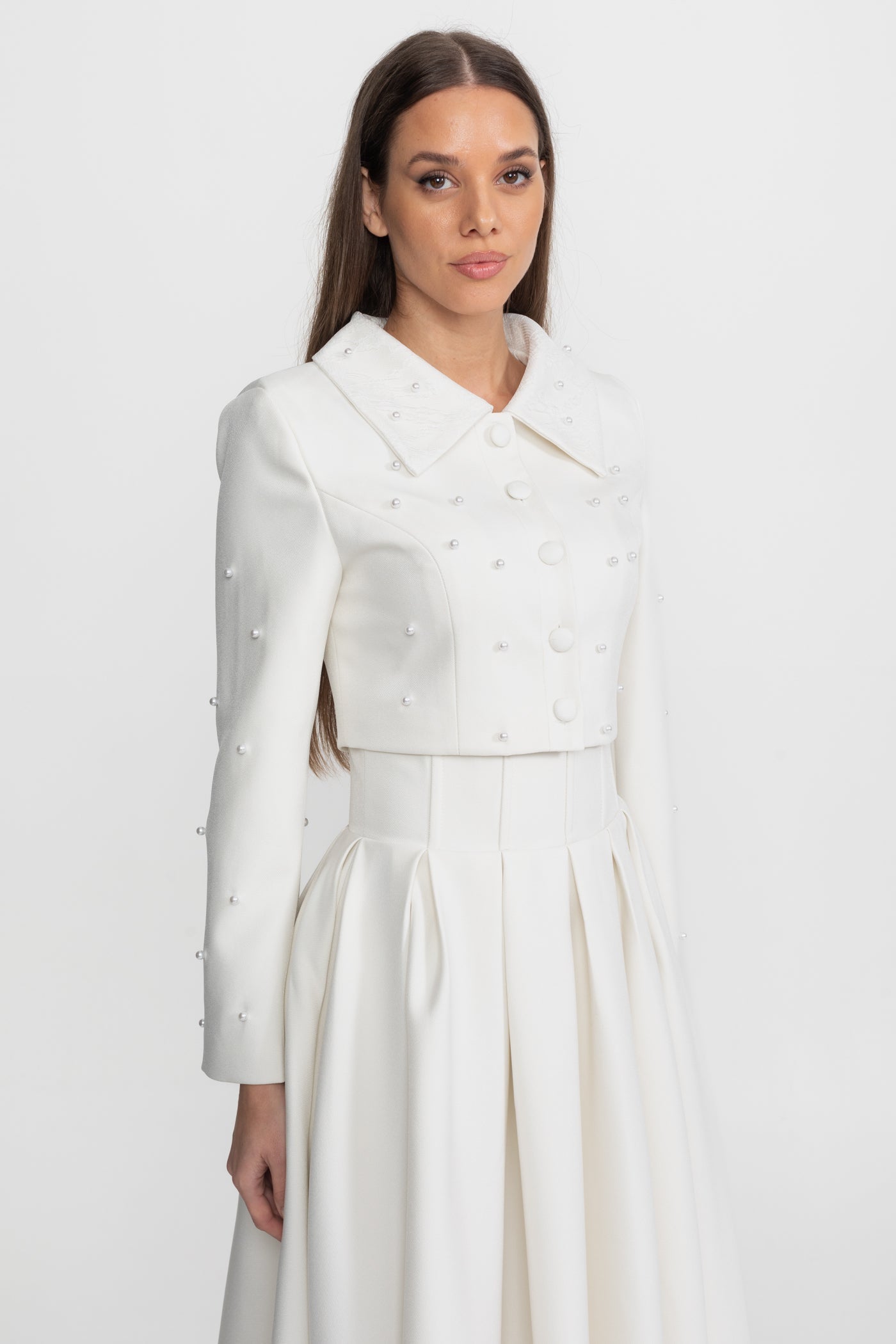 Pearl-Embellished Co-Ord Set with Cropped Jacket and Full Skirt White