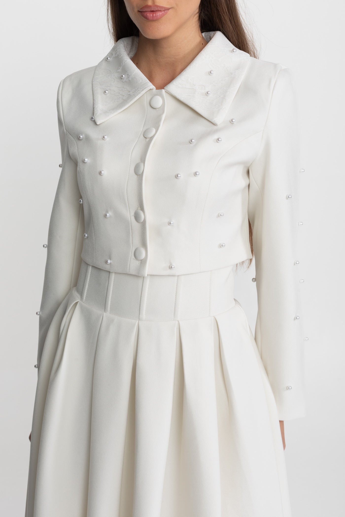 Pearl-Embellished Co-Ord Set with Cropped Jacket and Full Skirt White