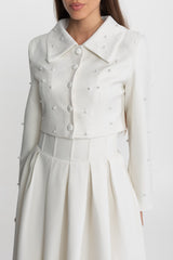 Pearl-Embellished Co-Ord Set with Cropped Jacket and Full Skirt White