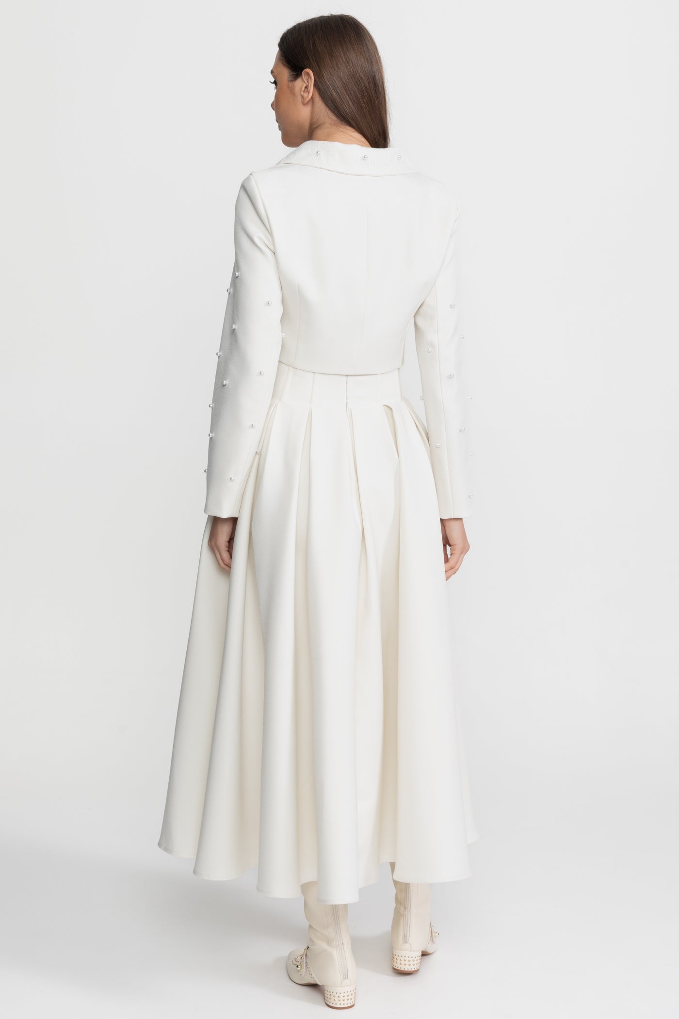 Pearl-Embellished Co-Ord Set with Cropped Jacket and Full Skirt White