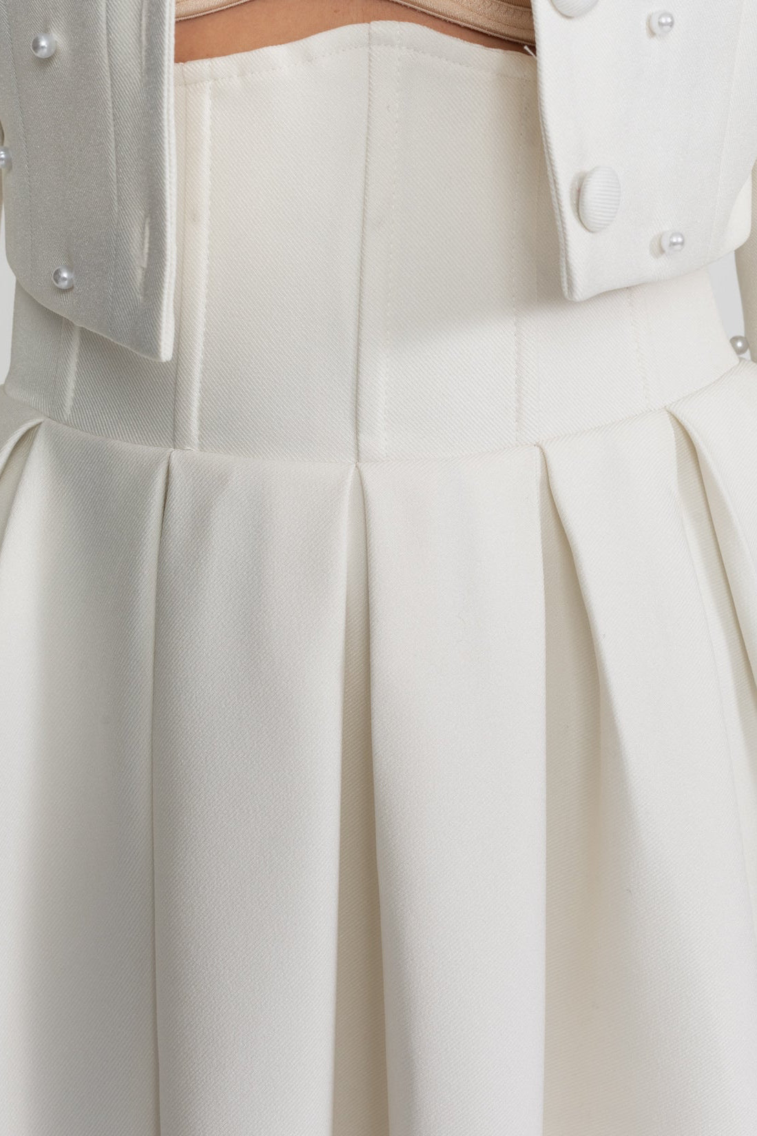 Pearl-Embellished Co-Ord Set with Cropped Jacket and Full Skirt White