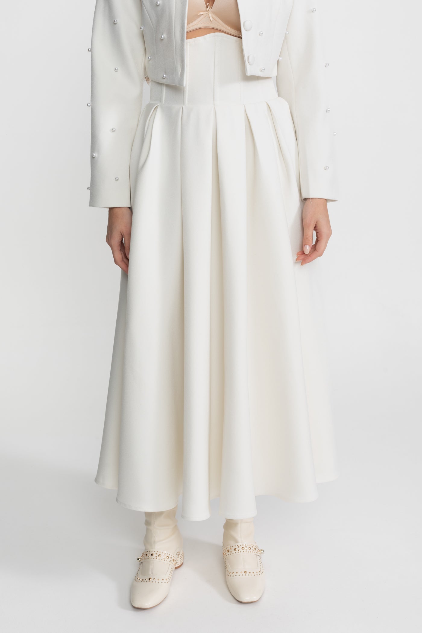 Pearl-Embellished Co-Ord Set with Cropped Jacket and Full Skirt White