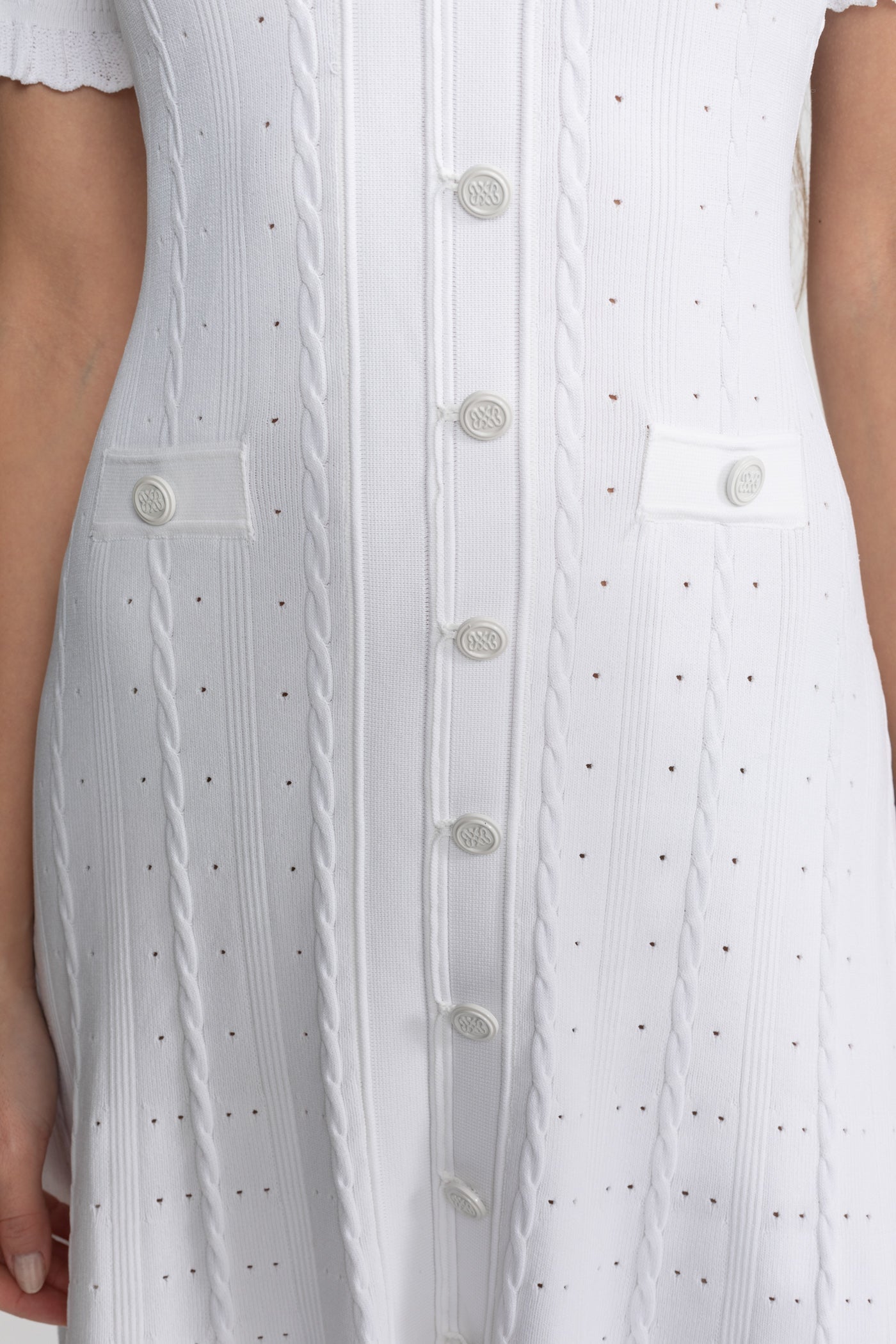 Knit Button-Front Midi Dress with Scalloped Sleeves White
