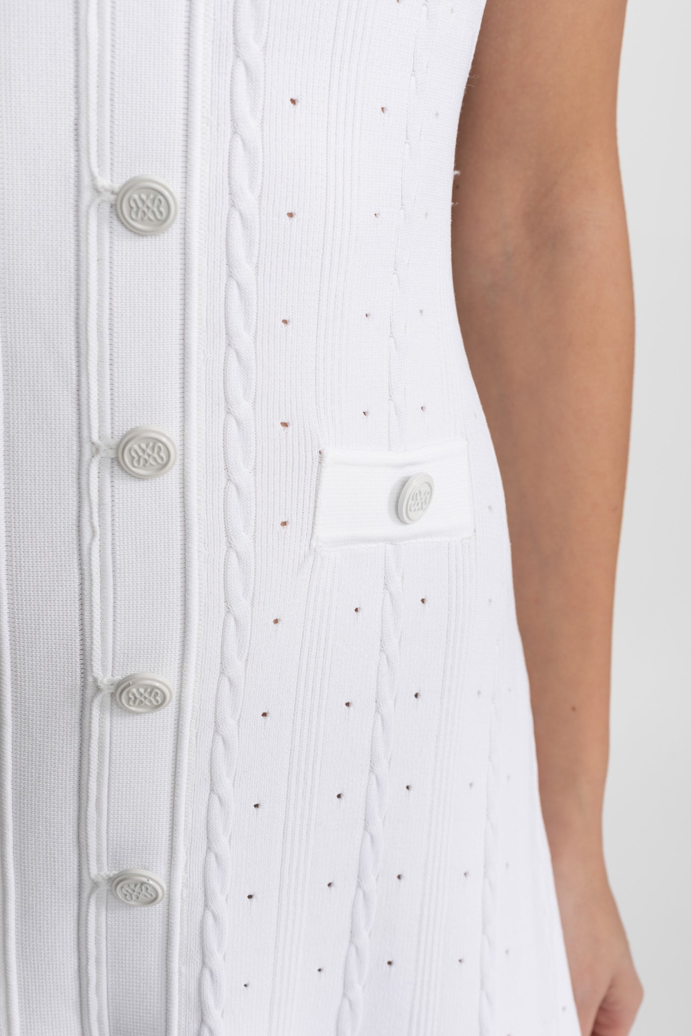 Knit Button-Front Midi Dress with Scalloped Sleeves White