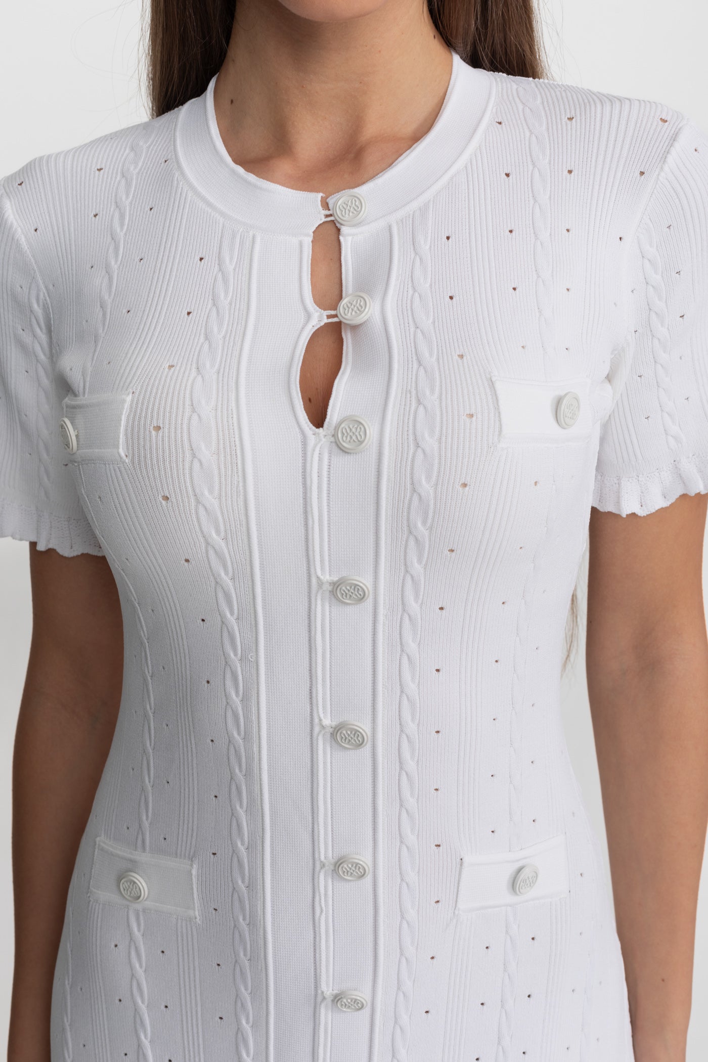 Knit Button-Front Midi Dress with Scalloped Sleeves White
