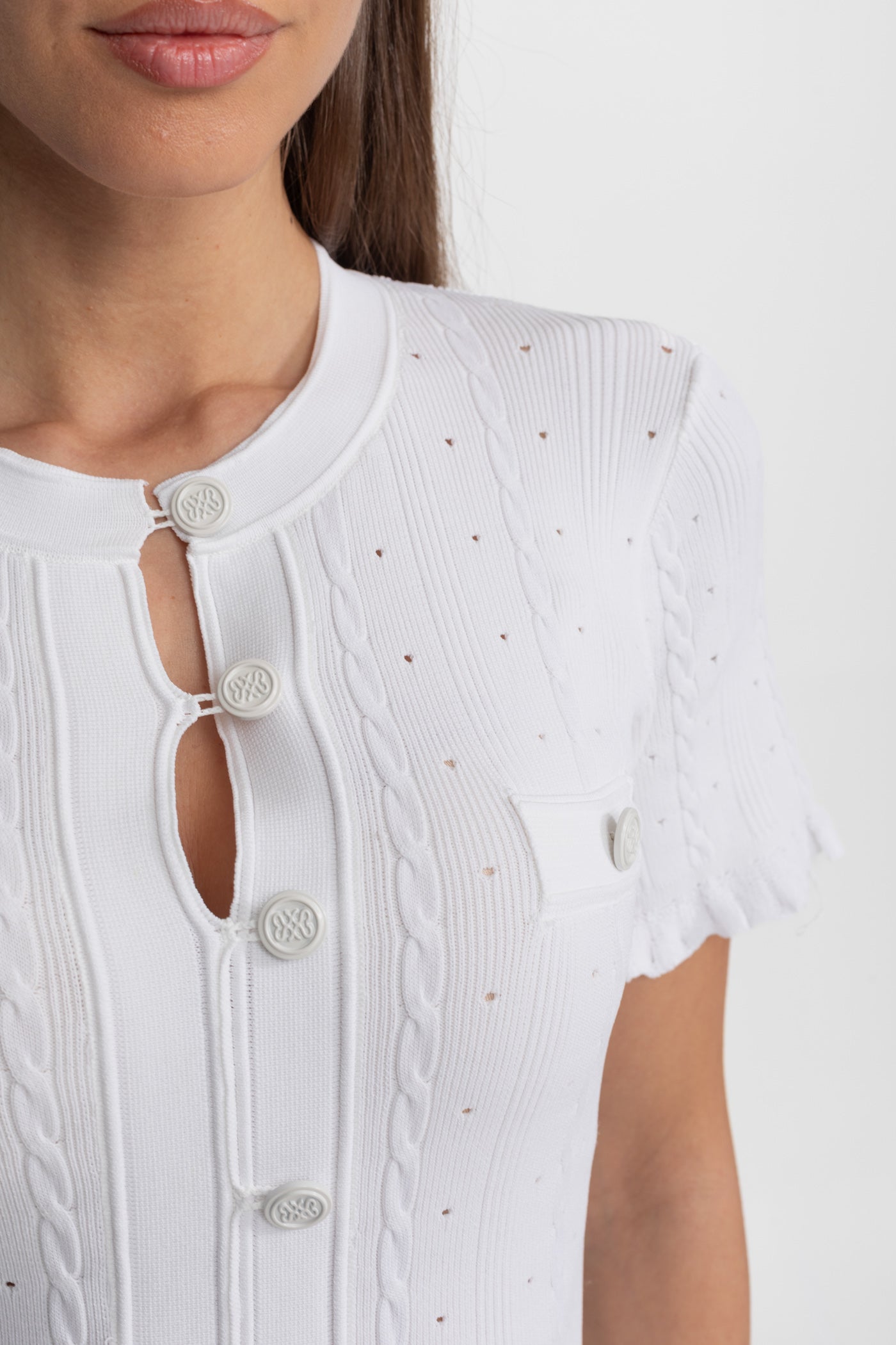 Knit Button-Front Midi Dress with Scalloped Sleeves White