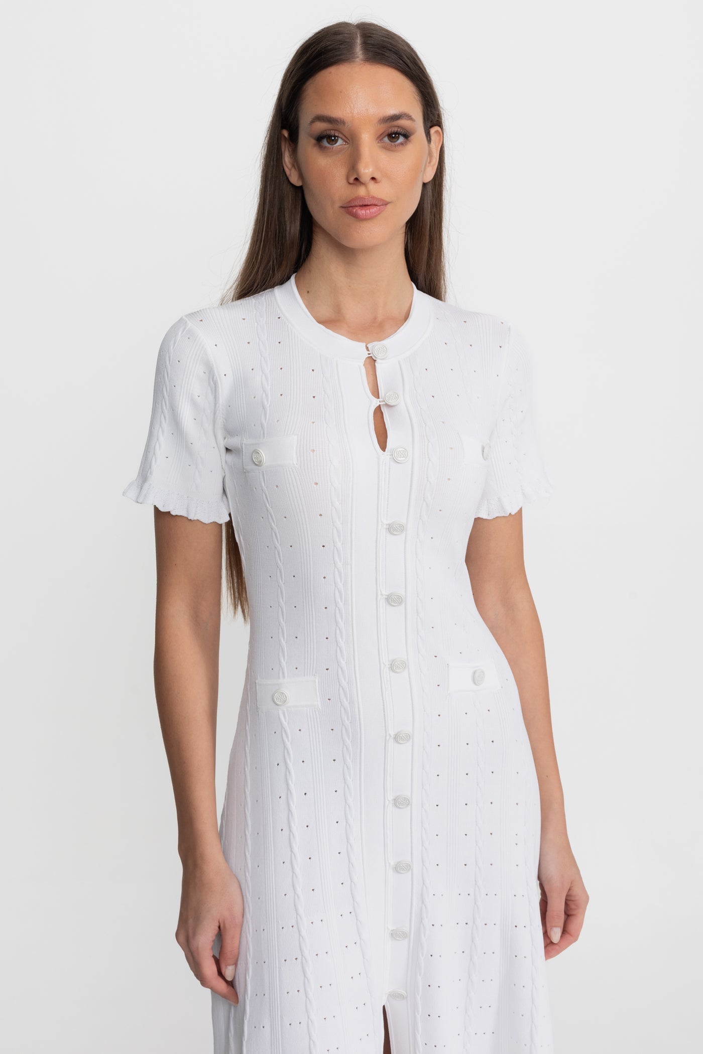 Knit Button-Front Midi Dress with Scalloped Sleeves White