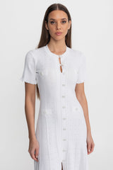 Knit Button-Front Midi Dress with Scalloped Sleeves White
