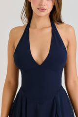 Rozaliya navy georgette halter midi dress
