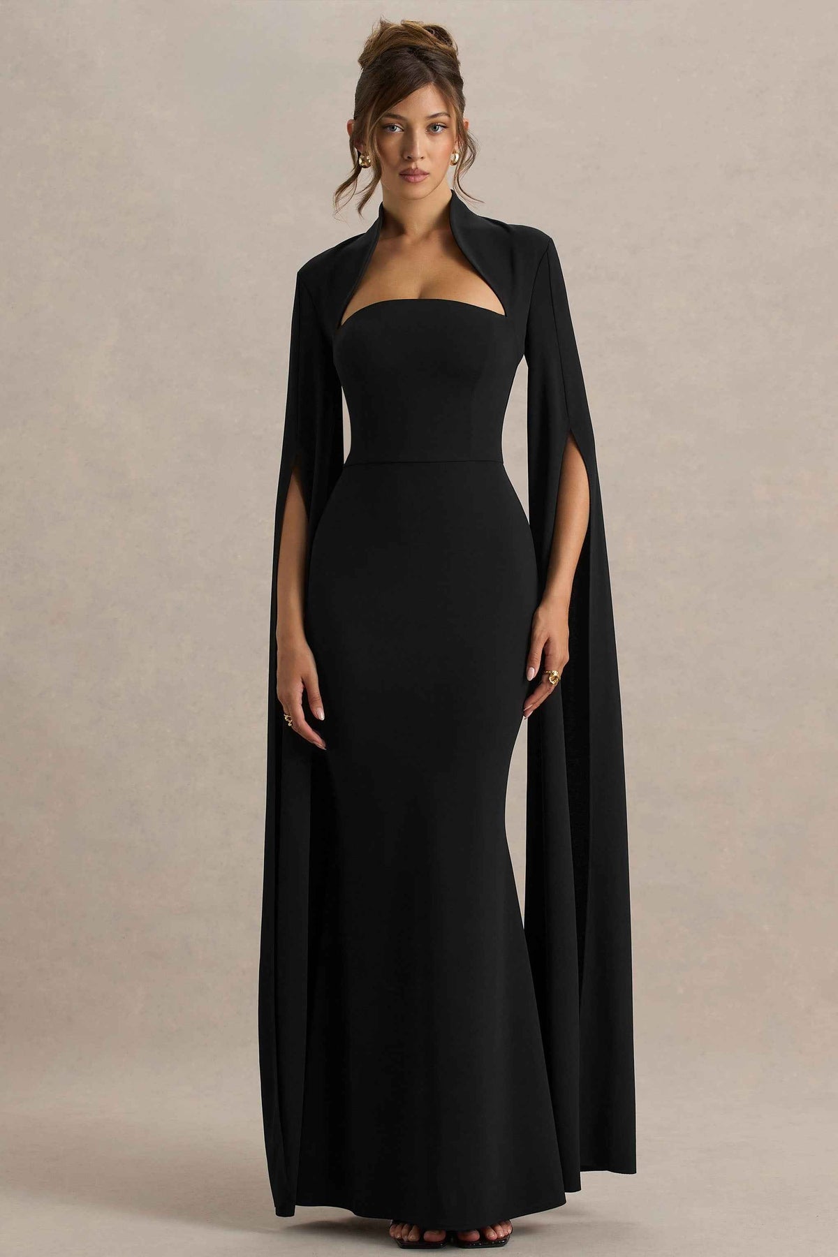 Black Square-Neck Maxi Dress With Cape Sleeves