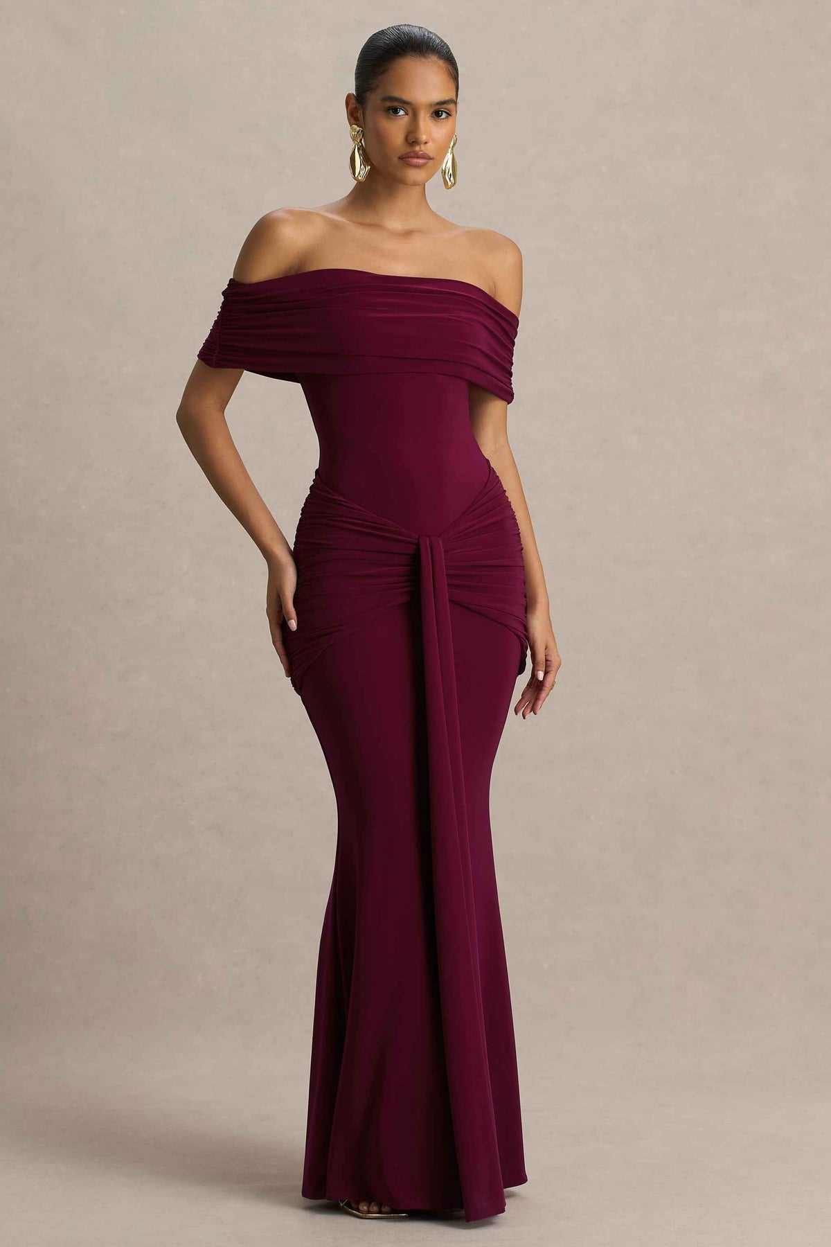 Envisioned Maxi Dress - Burgundy Bardot Neck Gathered