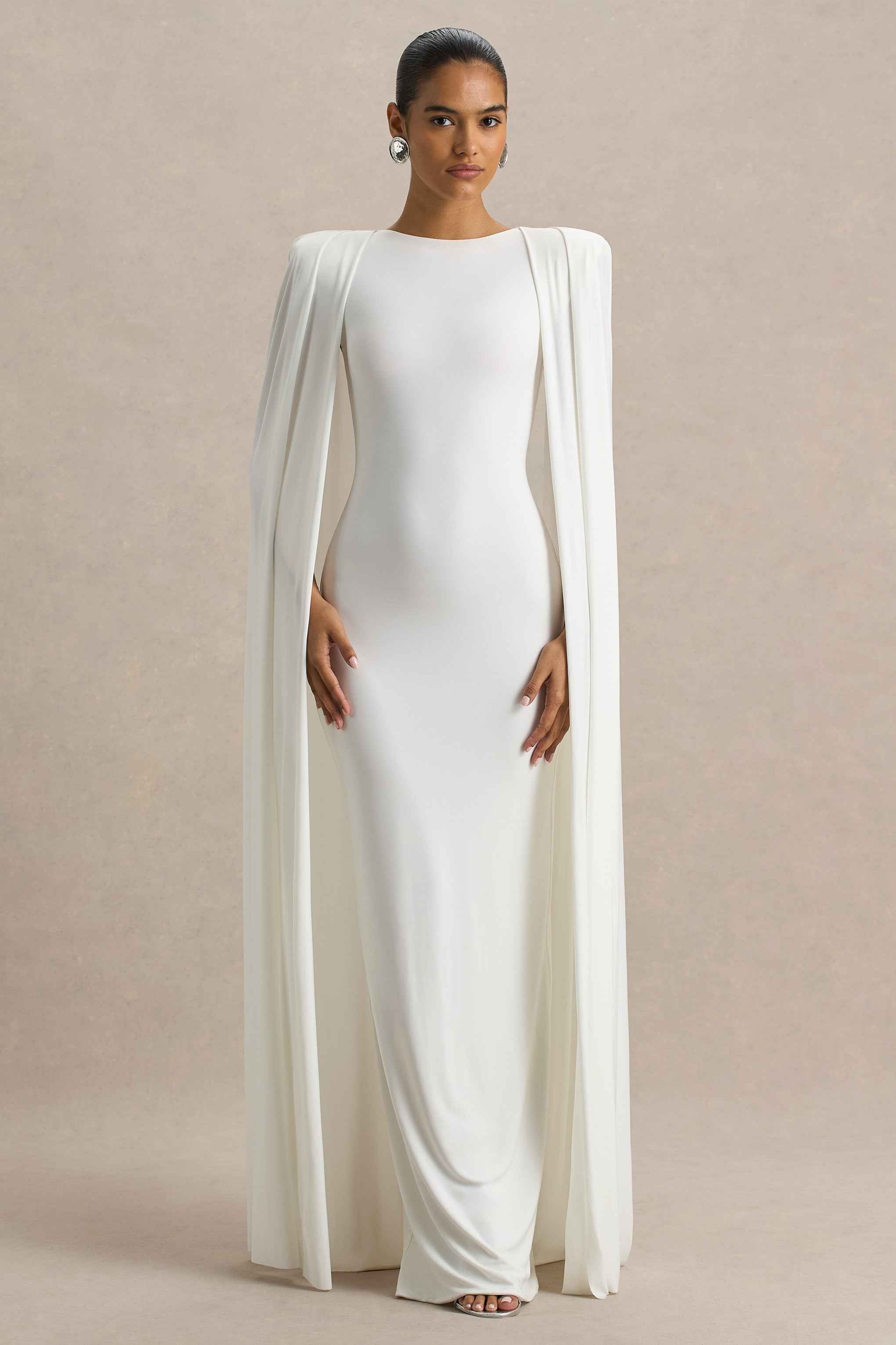 White Slashed-Neck Maxi Dress With Cape Sleeve Detail